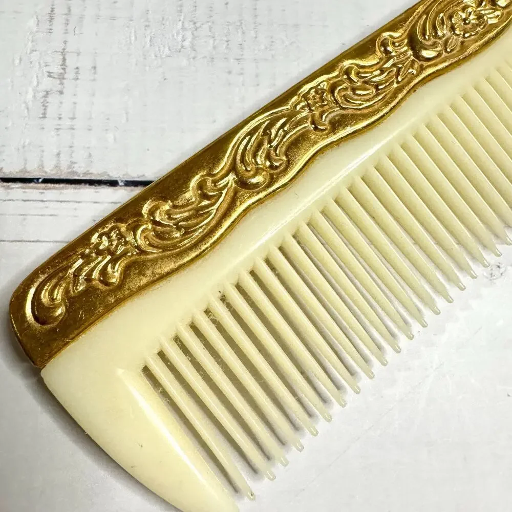 Vintage Gold Tone Brush & Comb Vanity Set Celluloid EUC Art Deco Style READ